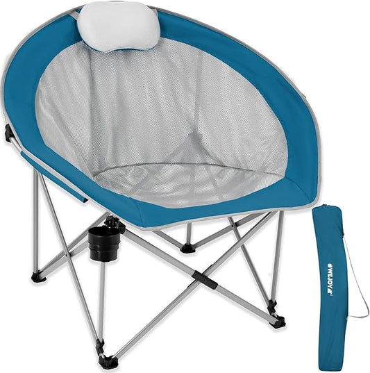 #WEJOY Folding Camping Chair Oversized Moon Chairs for Adult Support Up to 300lbs Mesh Saucer Chairs with Headrest and Cup Holder for Camping,Lawn,Hiking,Picnic,Sports(Cyan/Grey)