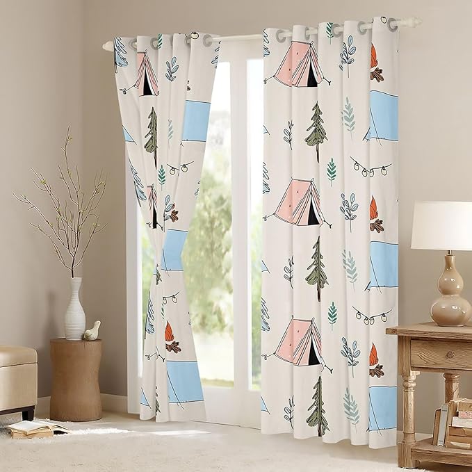 Feelyou Cute Beige Camping Camper Curtains for Bedroom Living Room Campfire Tent Blackout Shades Happy Camping Room Darkening Curtain Window Treatments, 2 Panels 42 x 90 Inch Decor