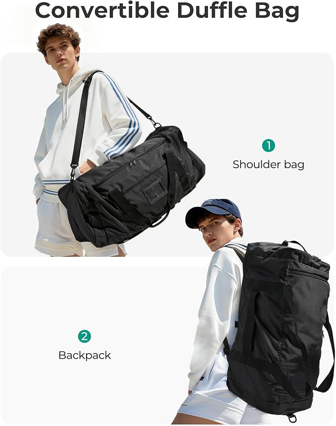 BAGSAMRT 60L Foldable Duffle Bag for Travel, Large Travel Duffel Bag for Men, 4 in 1 Travel Backpack, Carry on Weekender Bag, Gray