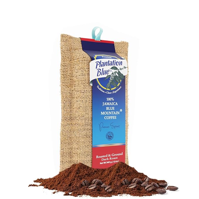Plantation Blue 100% Blue Mountain Coffee, Dark Roast, Ground, Premium Jamaican Coffee, 12oz