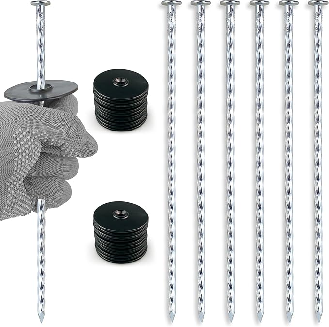 50 Pack 10-Inch Spiral Landscape Stakes wifh 50 Gasket, Heavy Duty Galvanized Metal Garden Landscape Stakes Kit for Securing Weed Barrier, Landscape Fabric, Artificial Grass, Floor Mat