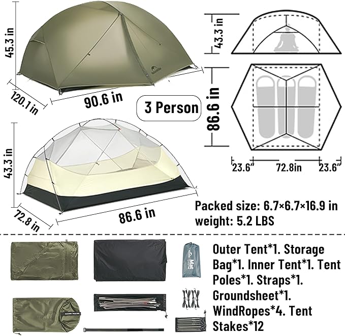 Naturehike Mongar Pro/Base Camping Tent, 1-3 Person Ultralight Backpacking Tent, PU3000mm, 20D Nylon 4 Season Waterproof, Mongar 2 Person UL Hiking Tent for Bike, Travel, Camp