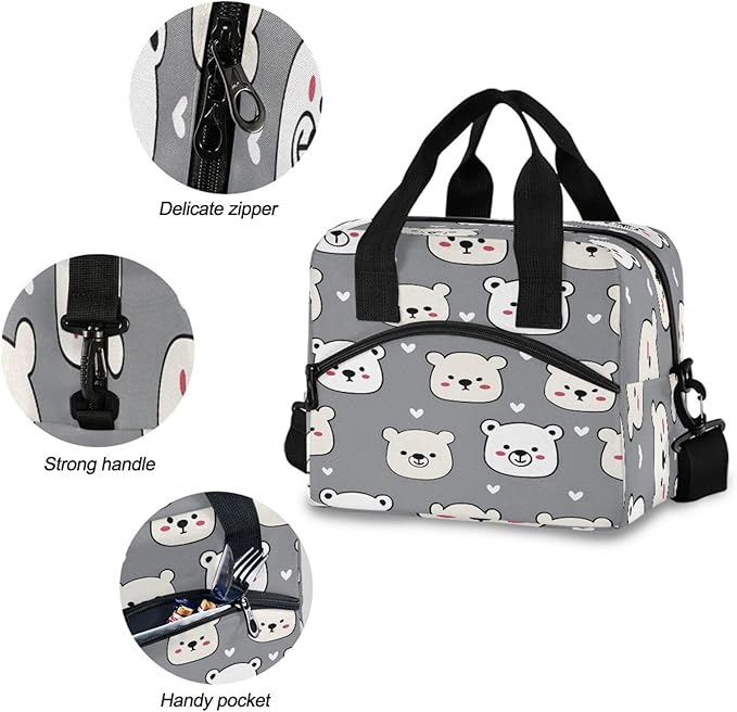 ALAZA Cartoon Bear Love Pattern Lunch Box for Men Women Adults Insulated Lunch Bag Cooler Bag with Adjustable Shoulder Strap for Work Picnic Travel