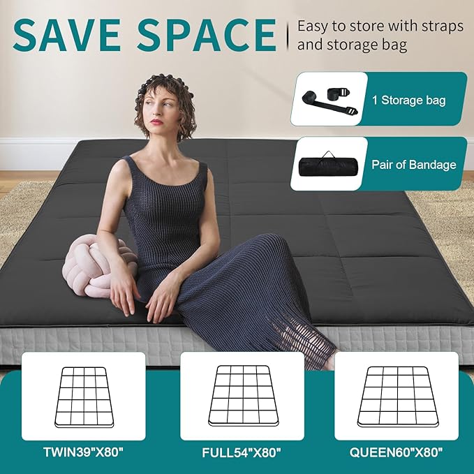 SUNYRISY Japanese Floor Futon Mattress, Thicken Foldable Bed Mattress, Roll Up Sleeping Pad Tatami Mat, Floor Lounger Guest Bed for Camping Couch Car, Black, Full