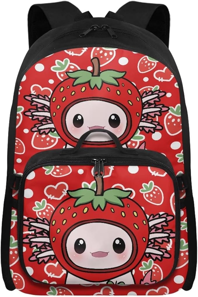 HUGS IDEA Strawberry Axolotl Backpacks for Girls Cute Kids Backpack with Lunch Box Cute Preschool School Bookbag for Kids 3-5 Large 17 Inch Schoolbag Lightweight Girls Book Bags Set