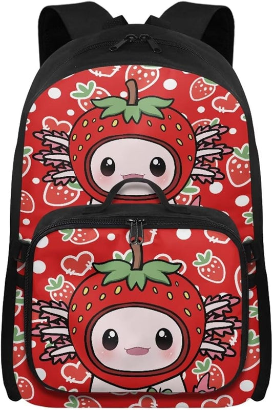 HUGS IDEA Strawberry Axolotl Backpacks for Girls Cute Kids Backpack with Lunch Box Cute Preschool School Bookbag for Kids 3-5 Large 17 Inch Schoolbag Lightweight Girls Book Bags Set