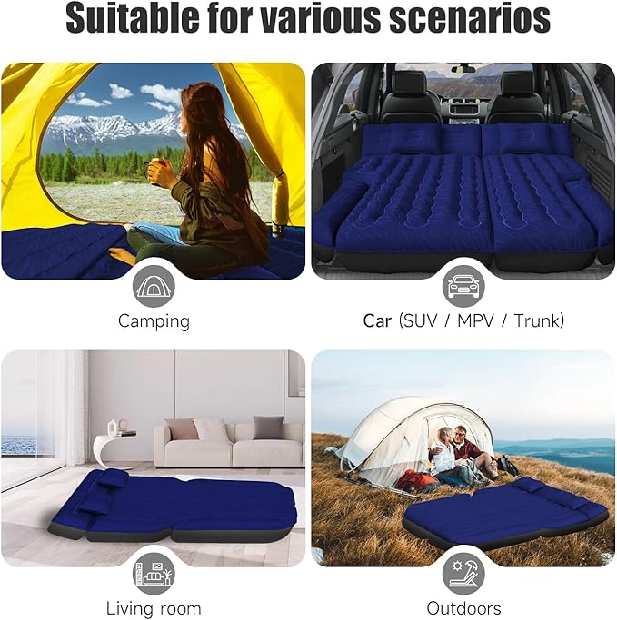 Inflatable SUV Air Mattress Bed Car Mattress for SUV, Double-Sided Flocking Travel Camping Bed Car Air Mattress, Car Sleeping Mattress Bed for Universal SUV with Air Pump & 2 Pillows
