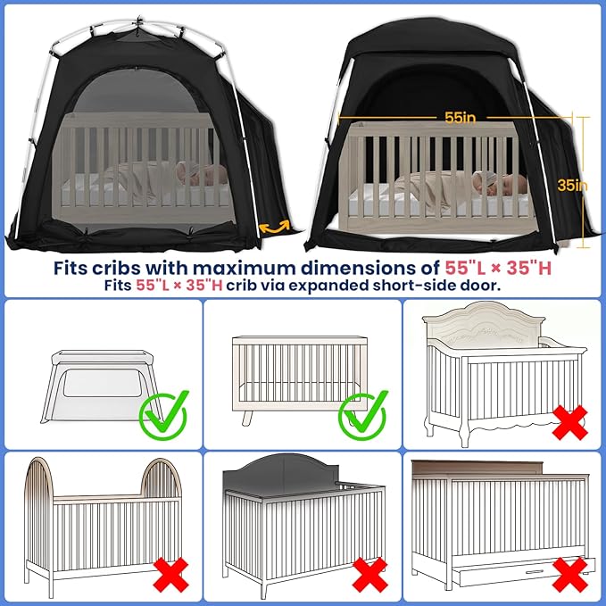 Baby Blackout Tent Fits Crib, Pack N Play, Toddler Travel Bed & Kids Cot, CPC Certified Sleep Pod with Fan Pocket 2 Mesh Doors, Breathable & Quiet Design, Easy Setup & Portable