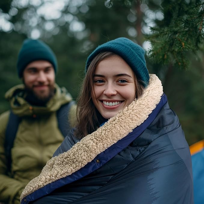 Outdoor Camping Blanket with Sherpa Lining, Extra Warm Thick Camp Blankets and Puffy Ultralight Soft Poncho DWR Camping Quilt for Cold Weather, Adventure, Sleeping, Backpacking 78"x 56"