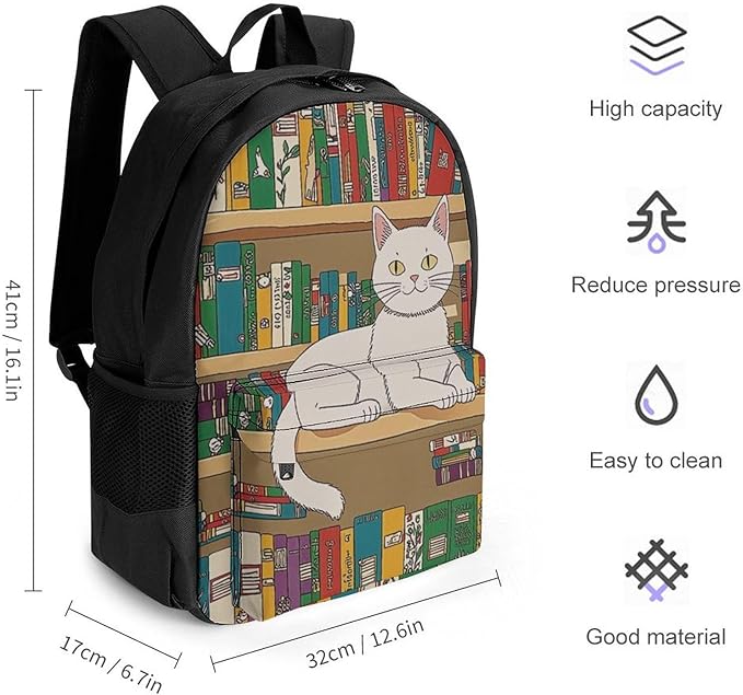 Backpack Polyester Multipurpose Anti-Theft Nerd Book Lover Kitty Sleeping Over Bookshelf In Library Shoulder Bag Big Capacity Gym Outdoor Hiking Backpack With Padded Straps