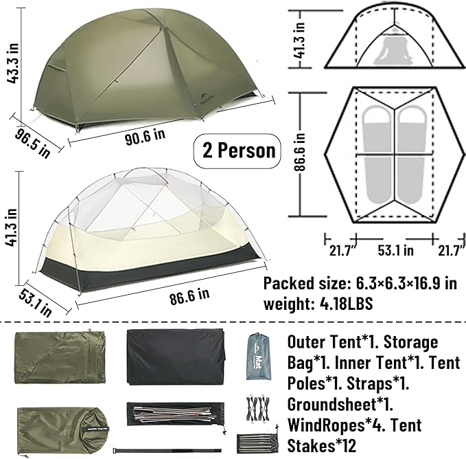 Naturehike Mongar Pro/Base Camping Tent, 1-3 Person Ultralight Backpacking Tent, PU3000mm, 20D Nylon 4 Season Waterproof, Mongar 2 Person UL Hiking Tent for Bike, Travel, Camp