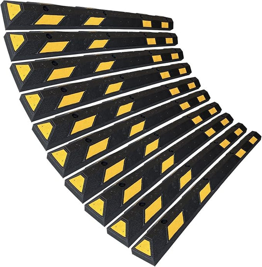 SmartSign Rubber Parking Curb, (Pack of 10) Heavy Duty Parking Stops with Yellow Reflective Stripe Chevrons, 72" Long (6ft), Wheel Stops for Parking Lots/Garage/Cars/Trucks, Pre-Drilled Holes