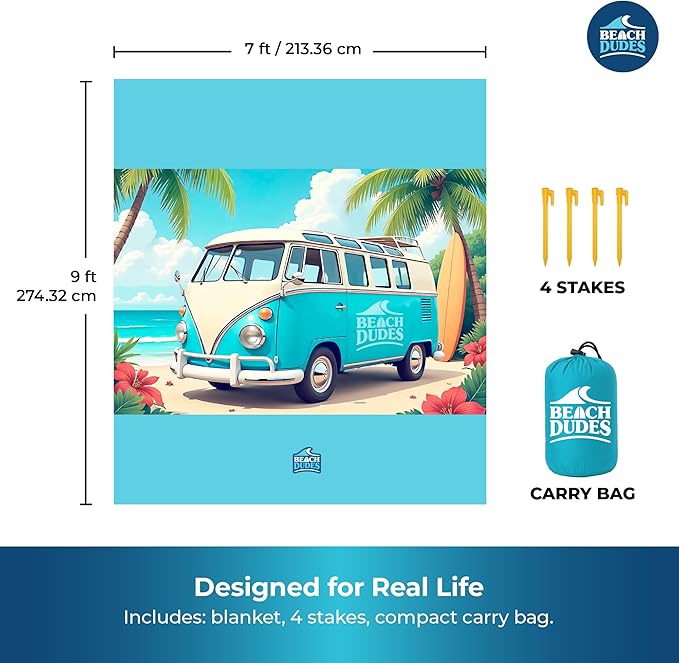 Sandproof Waterproof Beach Blanket Extra Large 108"x 84", Mat for Family, Quick Dry Ripstop Nylon Lightweight, Compact for Travel, Picnic, Camping w/ 4 Anchor Stakes and Carry Bag