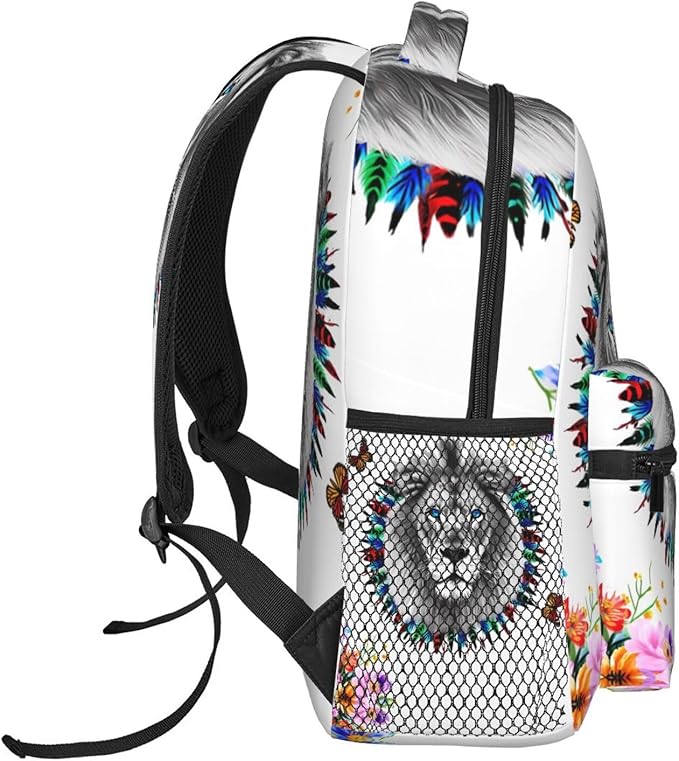 Rucksack Multipurpose Anti-Theft Big Capacity Shoulder Bag, Lion Feather Flower Butterflies Art Travel Hiking Camping Rucksack With Side Pockets