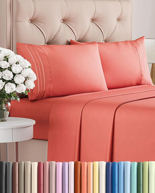 Cal King Size 4 Piece Sheet Set - Comfy Breathable & Cooling Bed Sheets Set - Hotel Luxury Bedding for Women, Men, Kids, Teens, Boys & Girls - Deep Pockets, Ultra-Soft, Wrinkle Free - Oeko-Tex - Coral