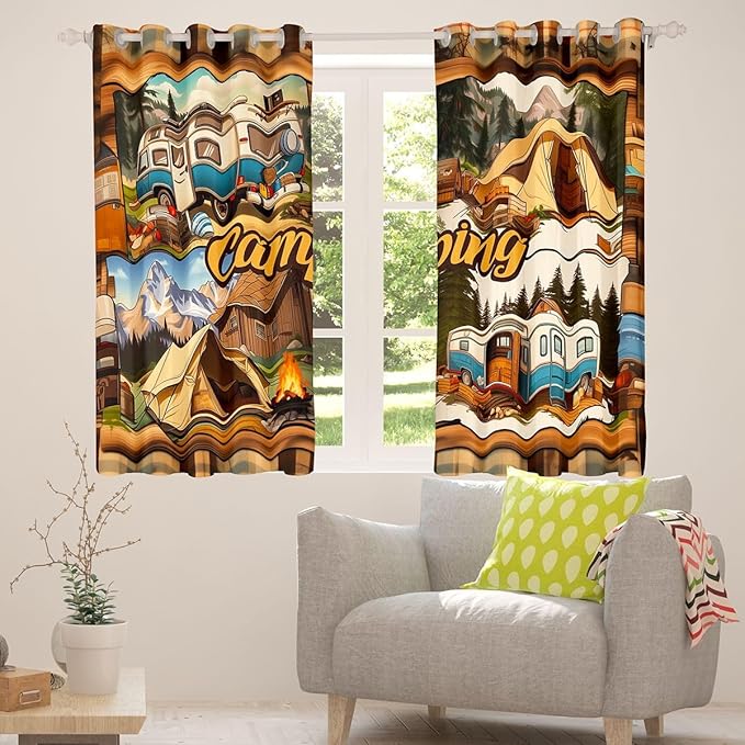 jejeloiu Rustic Cabin Camper Pattern Blackout Curtains 30%-50% Camping RV Darkening Drapes for Bedroom Living Room Campfire Tent Thermal Insulated Shades Outdoor Camping, 2 Panels 38 x 54 Inch