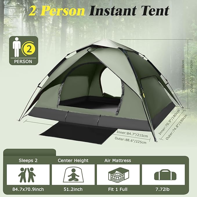 Camping Tent 2/3/4 Person Instant Pop Up Tents for Camping - 40s Automatic Easy Setup Tent with Rainfly, Double-Layer Waterproof & Windproof Instant Tents with Welcome Mat for Camping & Hiking