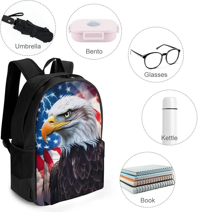 Supdreamc Lightweight Daypack Backpack for Trekking Work Running, Big Capacity Multipurpose Anti-Theft Bookbag, American Flag Cool Bald Eagle Business Computer Bag