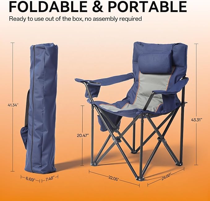 Heated Camping Chairs For Adults, 3 Heating Level For Back And Seat, Foldable Camping Chairs With Cup Holders & Pillow For Outdoor Sports, Camping, Patio, Picnics, Battery Not Included, Navy