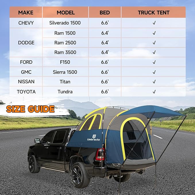 Umbrauto Truck Bed Tent with Awning: 6.4-6.7FT PU3000mm Waterproof Tailgate Pickup Truck Tents, Easy Set-up for 2 Person, Fits Full Size Short Bed, Chevy, Dodge, Ford, GMC, Blue