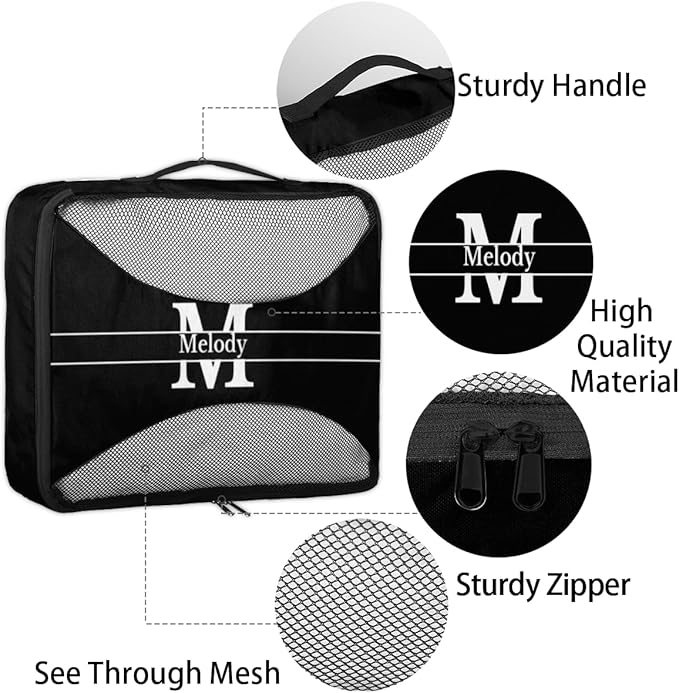 Personalized Packing Cubes, Set of 4 with Zipper Handles for Men Boys, Custom Name Travel Suitcases Luggage Packing Organizers, Solid Black with Initial Letter