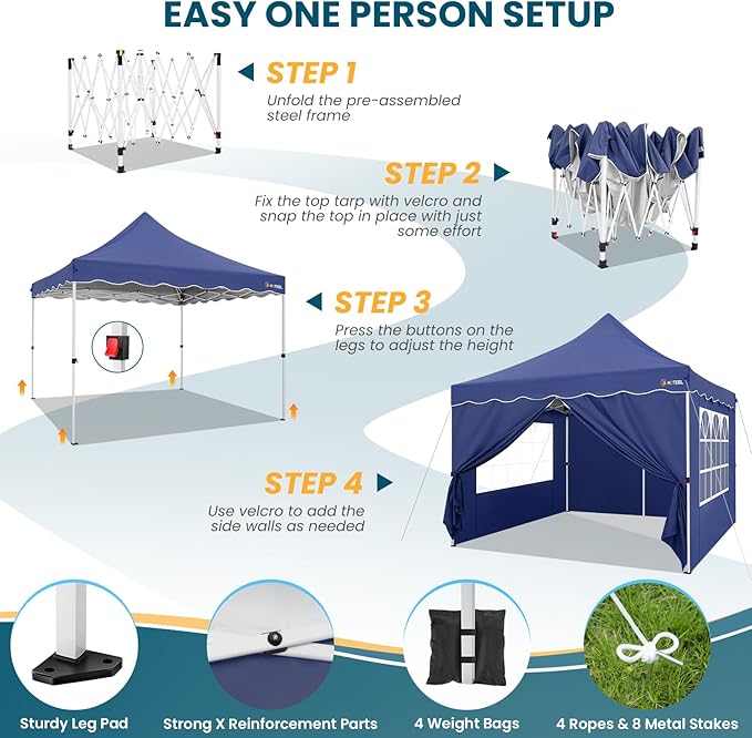 HOTEEL Canopy Tent 10x10 Pop Up Canopy with 4 Removable Sidewalls, Sandbags, Stakes & Ropes, UPF 50+ Easy Setup Canopy Tent Waterproof Outdoor Instant Portable Shelter for Party, Events, Vendor, Navy