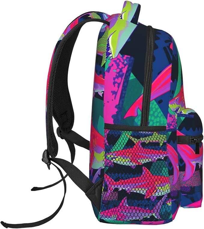 Men Women Lightweight Colorful Shark Art Casual Daypack Large Capacity Bookbag With Adjustable Shoulder Straps for Gym Business Bicycle