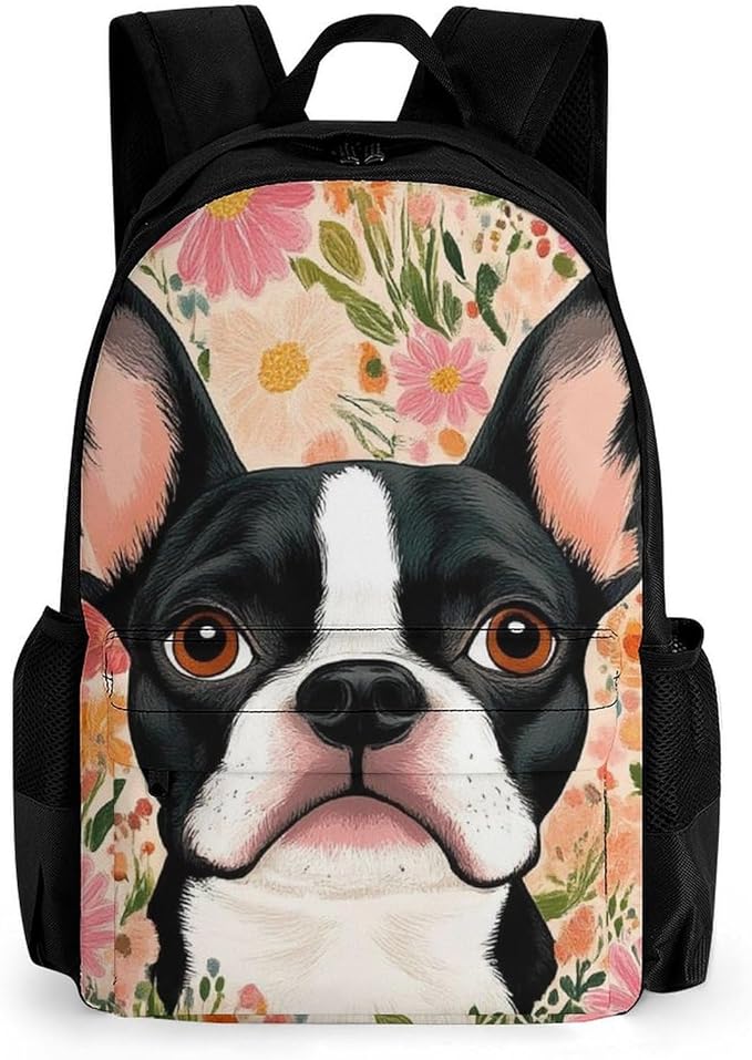 Supdreamc Men Women Lightweight Boston Terrier Floral Backpack Large Capacity Carry On Bag With Padded Straps for Sports Work Walking Cycling
