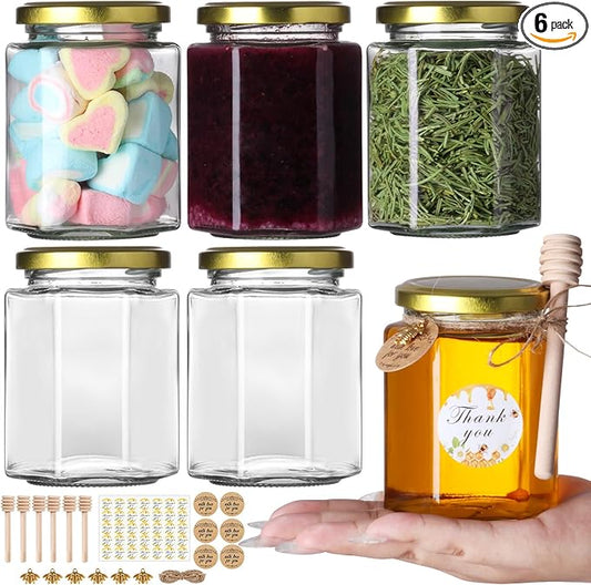 AuroTrends 9oz Honey Jars with Dipper 6Pack, 270ML Small Glass Jars with Lids -Small Canning Jars with Wooden Dippers/Bee Charms/Stickers/Jute Twine (9fl.oz-6Pack)