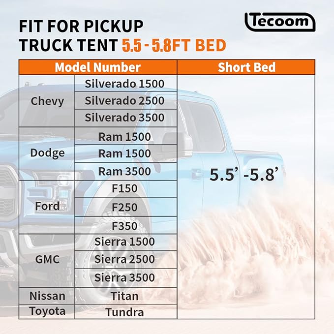 Tecoom Truck Bed Tent, Double Layer Waterproof PU3000mm for 5.5-6.7ft, Portable 2/3 Person Compact Full Size Pickup with Rain Fly for Back of Camping Beach