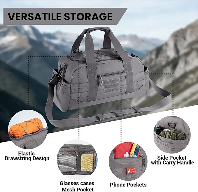 35L Large Duffle Bag, 3-in-1 Tactical Backpack MOLLE Pack for Sports/Gym/Outdoor, Grey