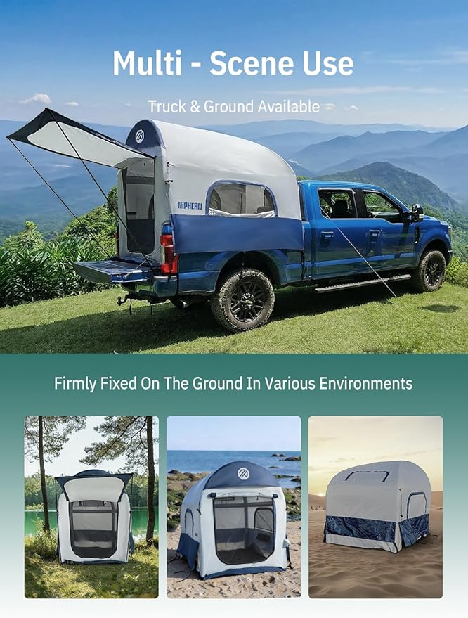 Niphean Truck Bed Tent 5.5ft with Awning Shade, 2 Mins Fast Setup Inflatable Pickup Truck Tent, for 2+1 People, PU 3000mm Waterproof, UPF 50+ Sunproof & High-Strength Windproof, Camp Anywhere You Park