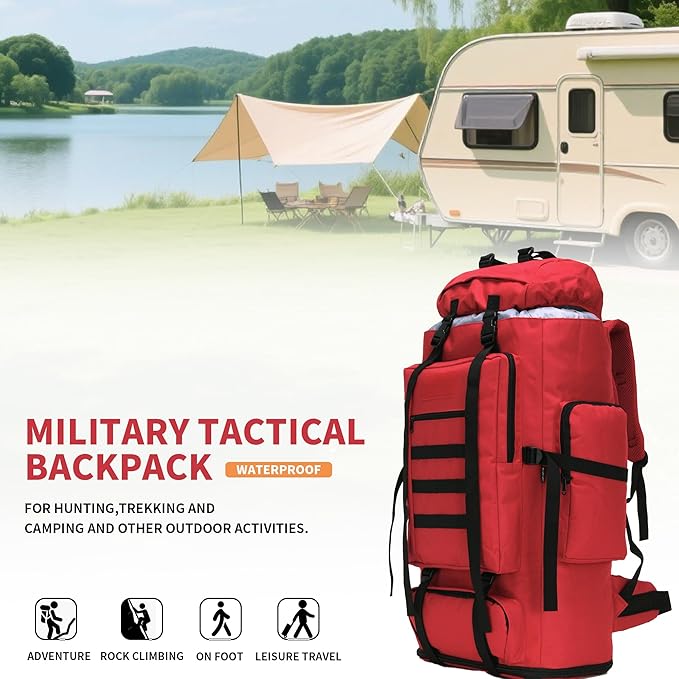 100L Hiking Camping Backpack MOLLE Rucksack Waterproof Daypack (Red)