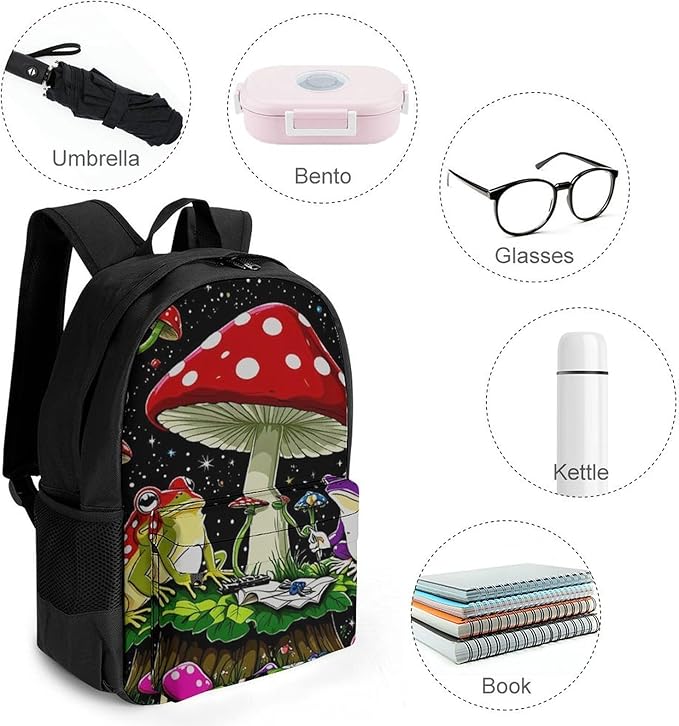 Rucksack Multipurpose Anti-Theft Big Capacity Shoulder Bag, Psychedelic Mushroom Trippy Magic Frog Art Travel Hiking Camping Rucksack With Side Pockets
