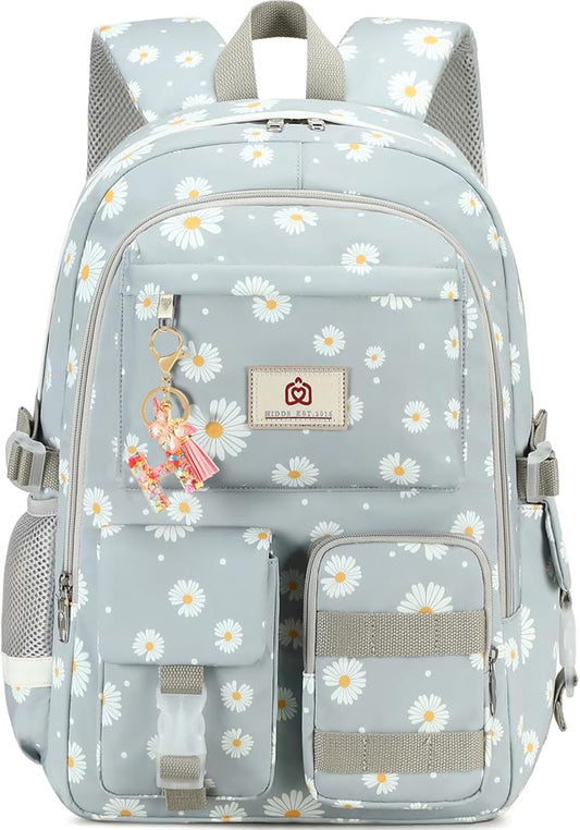 Laptop School Backpack for Teen Girls Women 15.6 Inch Cute College Backpacks Large Elementary Middle High School Bag Kids Student Daisy Bookbag Anti Theft Travel Back Pack Casual Daypack (Grey-Daisy)