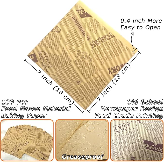 Soft Pretzel Bags 7"x7" Double Open Sandwich Bags 100Pcs, Grease-proof Parchment Paper Bags Newspaper Style Sandwich Wrappers for Cookie Snack Deli Bakery Family Daily Wrap