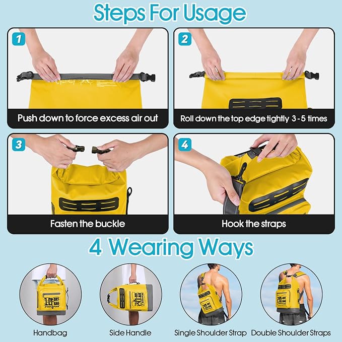 Dry Bag Waterproof,5L/10L/20L/30L Roll Top Dry Bag Backpack with WaterProof Phone Case for Swim,Kayak(Yellow 5L)
