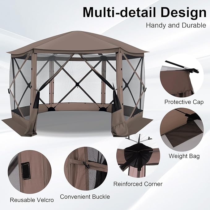 COBIZI Pop Up Gazebo Screen Tent Screen House for Camping, 12x12 Screen Room with Mosquito Netting, Hub Tent Instant Screened Canopy with Carrying Bag and Ground Stakes, Brown