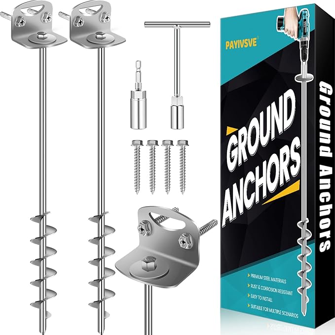 25" Ground Anchors Screw in, Mobile Home Anchors with Upgraded Wider Spiral Blades, Earth Shed Anchor High Wind Heavy Duty for Graden, Storage Shed, Trampoline, Carports, Swing Set(Silver-2x25in)