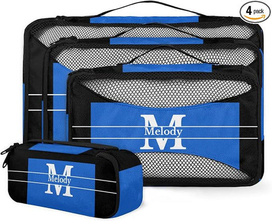 Custom Packing Cubes with Name and Initial Letter, 4Pcs/Set Travel Luggage Packing Organizers Set for Men and Women, Navy Blue with Black