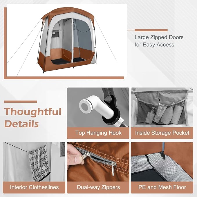 Goplus 2 Room Shower Tent, Portable Camping Changing Shelter with Floor Drain,Detachable Rain Fly, Stakes & Ropes, UV Protection, Water Resistant Privacy Tent for Outdoor Toilet, Dressing (Coffe)