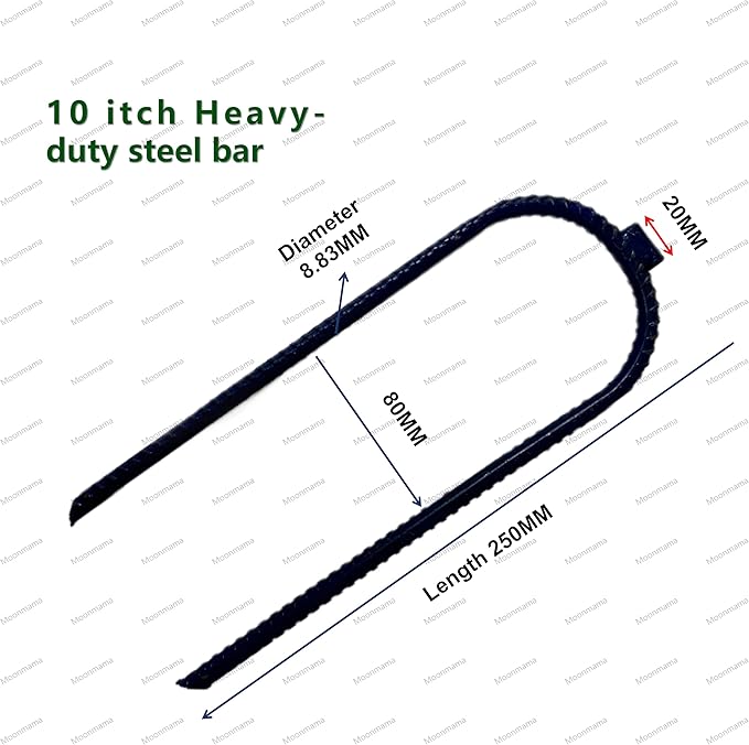 Moonmama Ground Stakes Steel Rebar Stakes Tents Nails Heavy Duty Garden Stake Ground Anchor Pegs U Shaped Metal Fences Stake for Trampolines Camping Canopies Sheds Swing Sets, 10inch 10ge