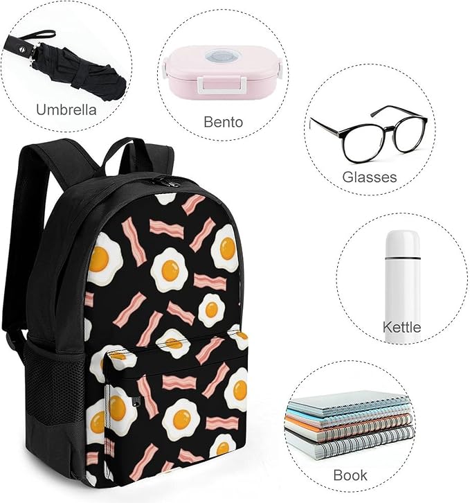 Rucksacks Lightweight Multipurpose Anti-Theft Funny Fried Egg And Bacon Black Shoulder Bag Large Capacity Business Computer Bag With Smooth Zippers