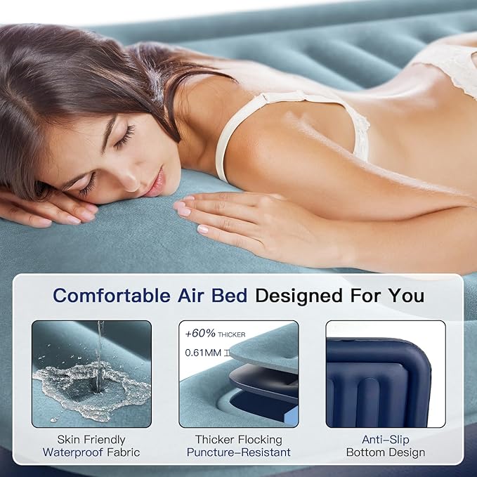 Queen Air Mattress 20” Top Pillow with Built in Pump, 2 Mins High Speed Inflation Luxury Auto Stop Pump Blow Up Mattress Comfort Air Bed, Colchones Inflables