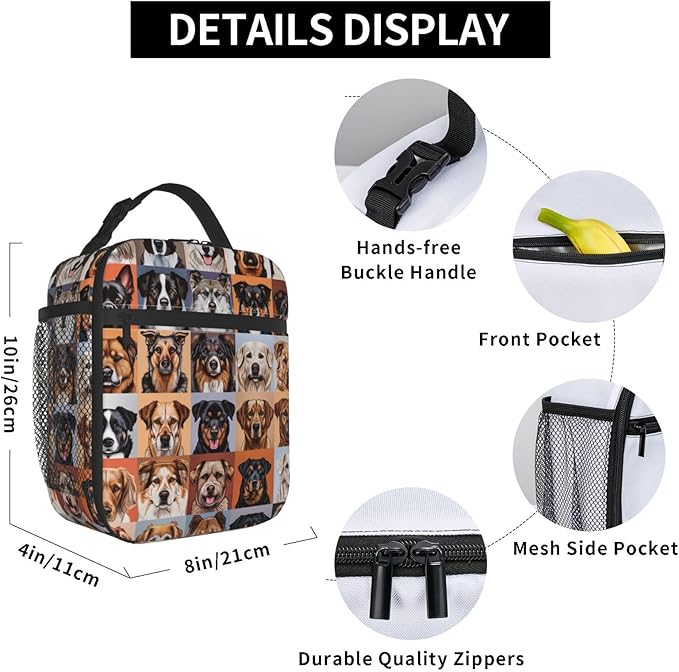 Cute Dog Insulated Lunch Box for Women Men Playful Pet Design Lunch Bag for Work,Picnic,Travel,Hiking,Beach or Fishing Polyester Animal Lovers Lunch Box