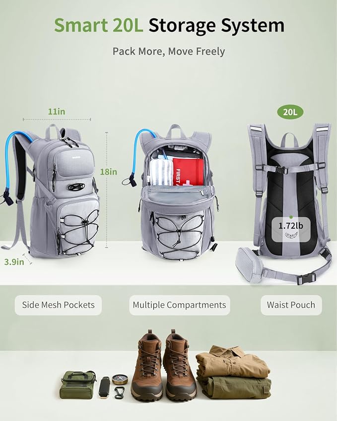ECOHUB Hydration Backpack for Men Women, 20L Lightweight Hiking Daypack Cycling Backpack with 2L Water Bladder, Insulated Hydration Pack with Waist Pack
