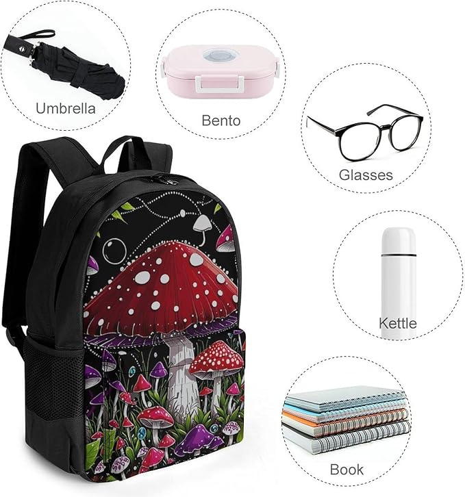 Men Women Lightweight Magic Mushrooms Trip Backpack Large Capacity Bookbag With Smooth Zippers for Gym Business Running