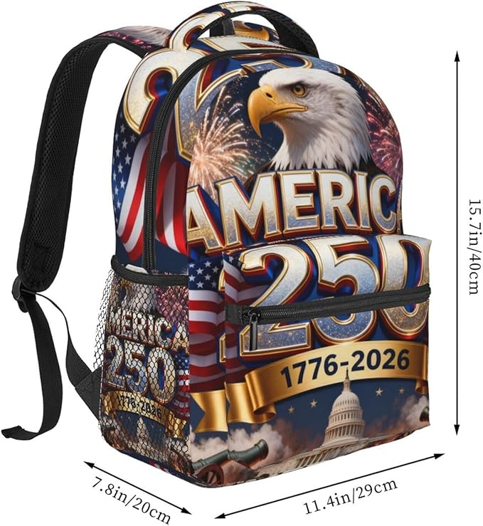 Polyester Daypack Backpack for Climbing Outdoors Running, Big Capacity Multipurpose Anti-Theft Bookbag, USA 250th Anniversary America Patriotic Art Travel Hiking Camping Rucksack