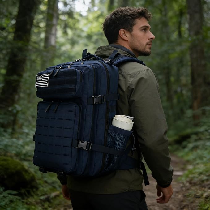Sparklekle Military Tactical Backpack 45L 3 Day Assault Pack Waterproof Molle Hiking Rucksack for Men and Women (Blue)