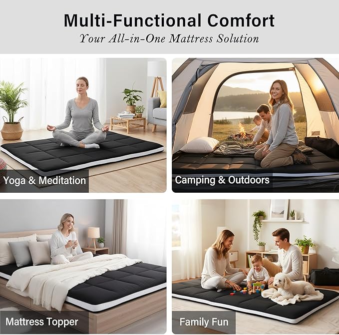 Tiita Queen Memory Foam Mattress Topper, 4" Thicken Futon Floor Mattress with Storage Bag and 2 Straps, Portable Roll Up Travel Car Camping Mattress Sleeping Pad, Black